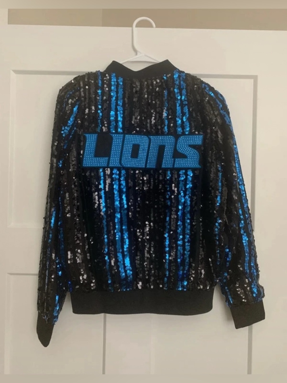 NFL Women's Detroit Lions Black & Blue Sequin Bomber Jacket size S NWT